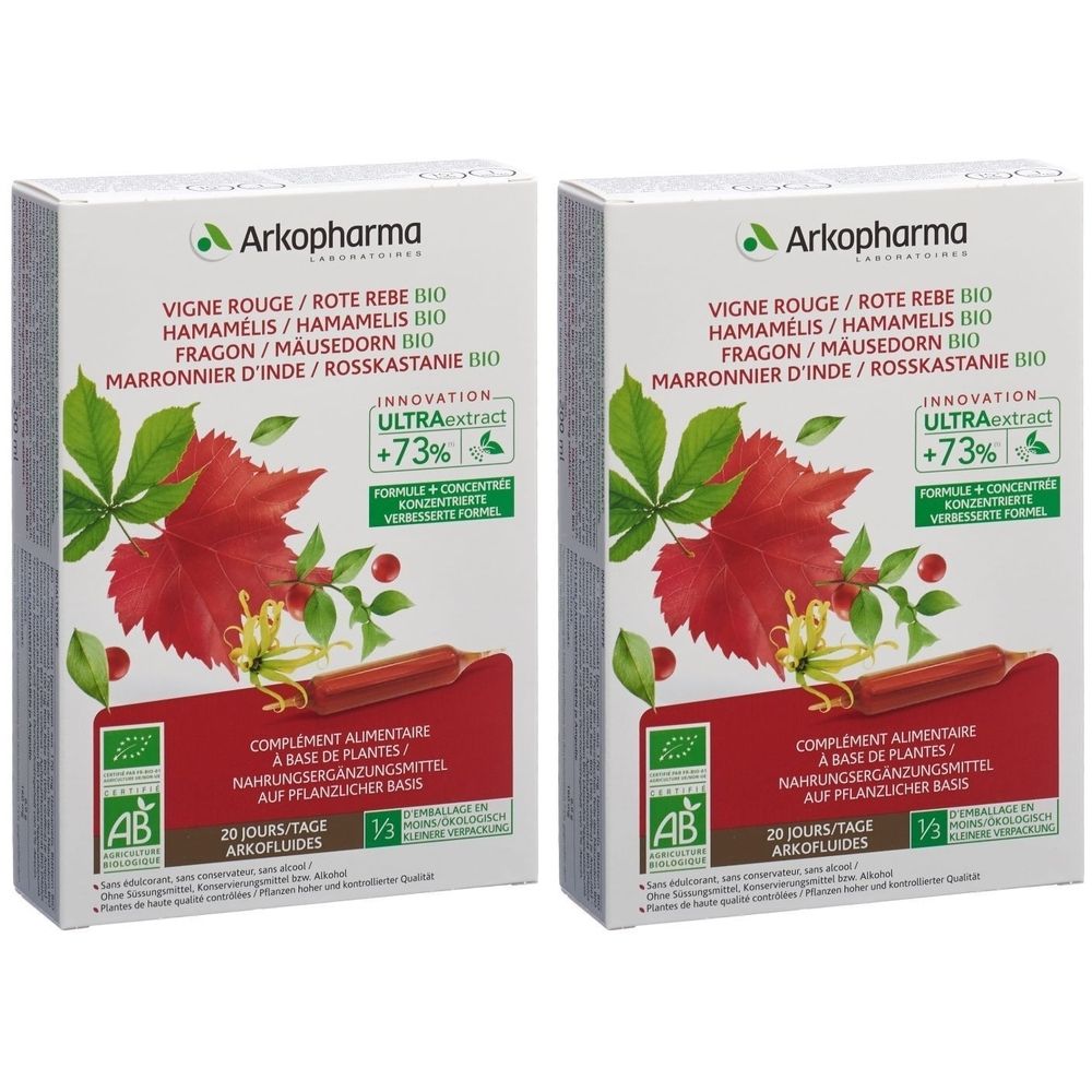 Deux boîtes Arkopharma Arkofluides Bio. Illustration de plantes et texte. Label AB Bio.