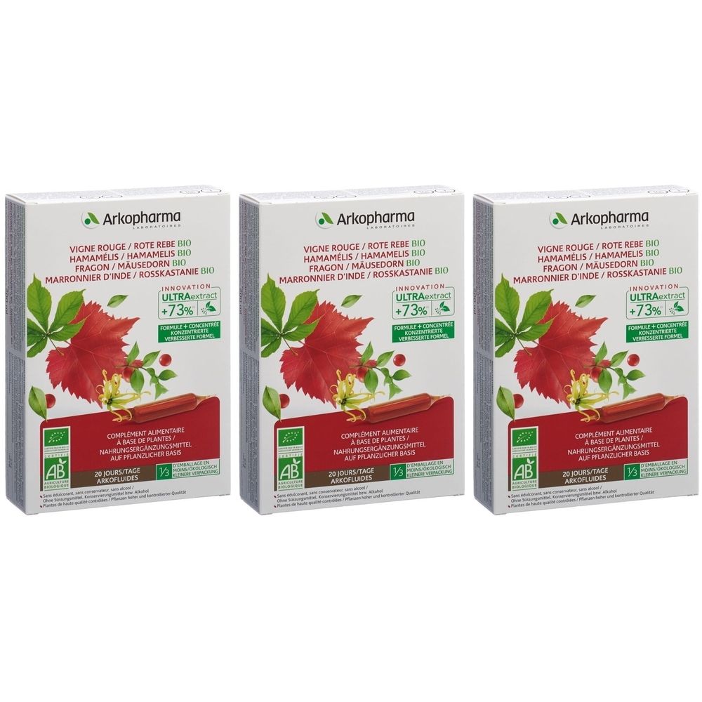 Trois boîtes Arkopharma. Inscription : Vigne Rouge, Hamamelis, Fragon, Marronnier d'Inde. Avec logo bio et motif de feuille rouge.