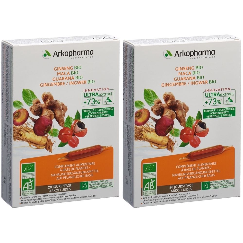 Deux boîtes de produit. Inscriptions : Ginseng Bio, Maca Bio, Guarana Bio, Gingembre Bio. Avec label AB Bio.