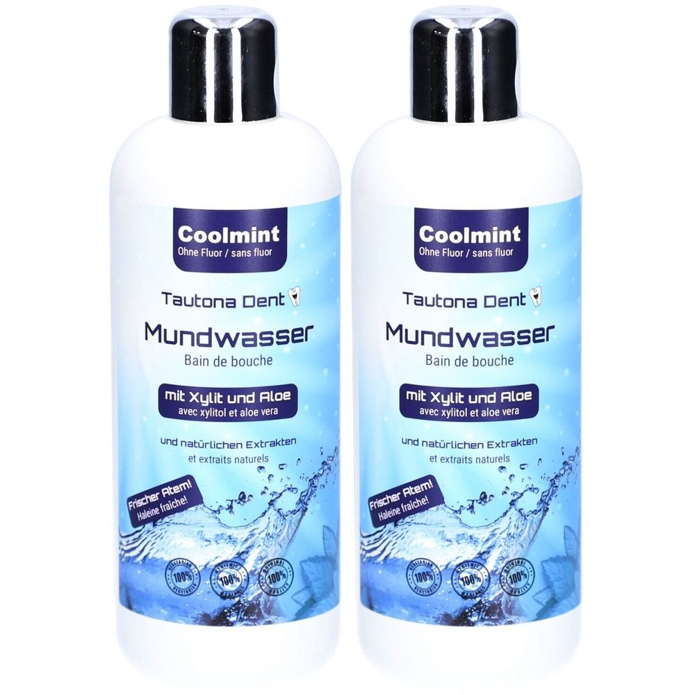 Deux flacons de bain de bouche. Inscription : Coolmint, Tautona Dent, Bain de bouche, avec Xylitol et Aloe. Étiquettes bleues.