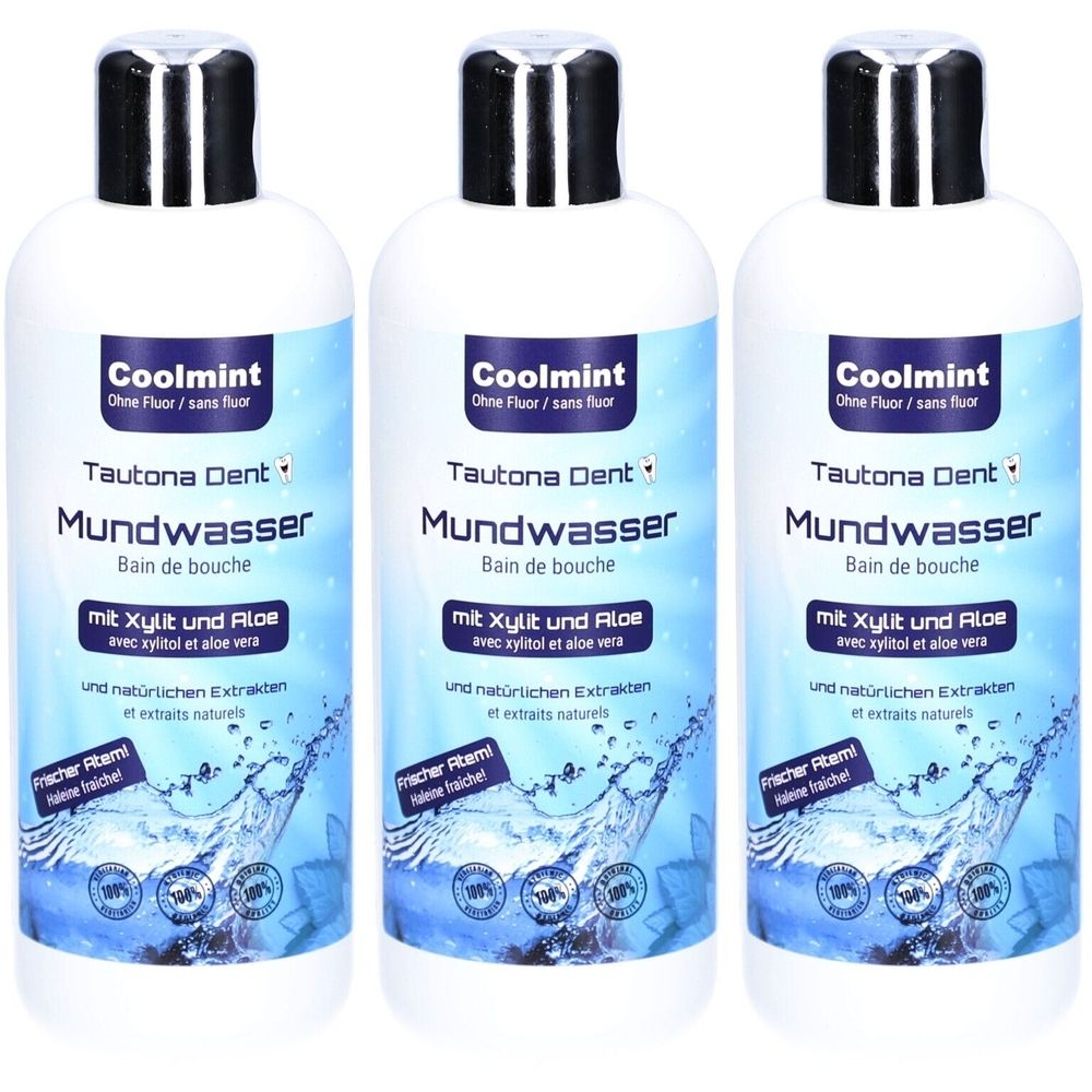 Trois flacons de bain de bouche Coolmint, xylitol et aloe. Flacons blancs avec texte bleu et bouchon argenté.