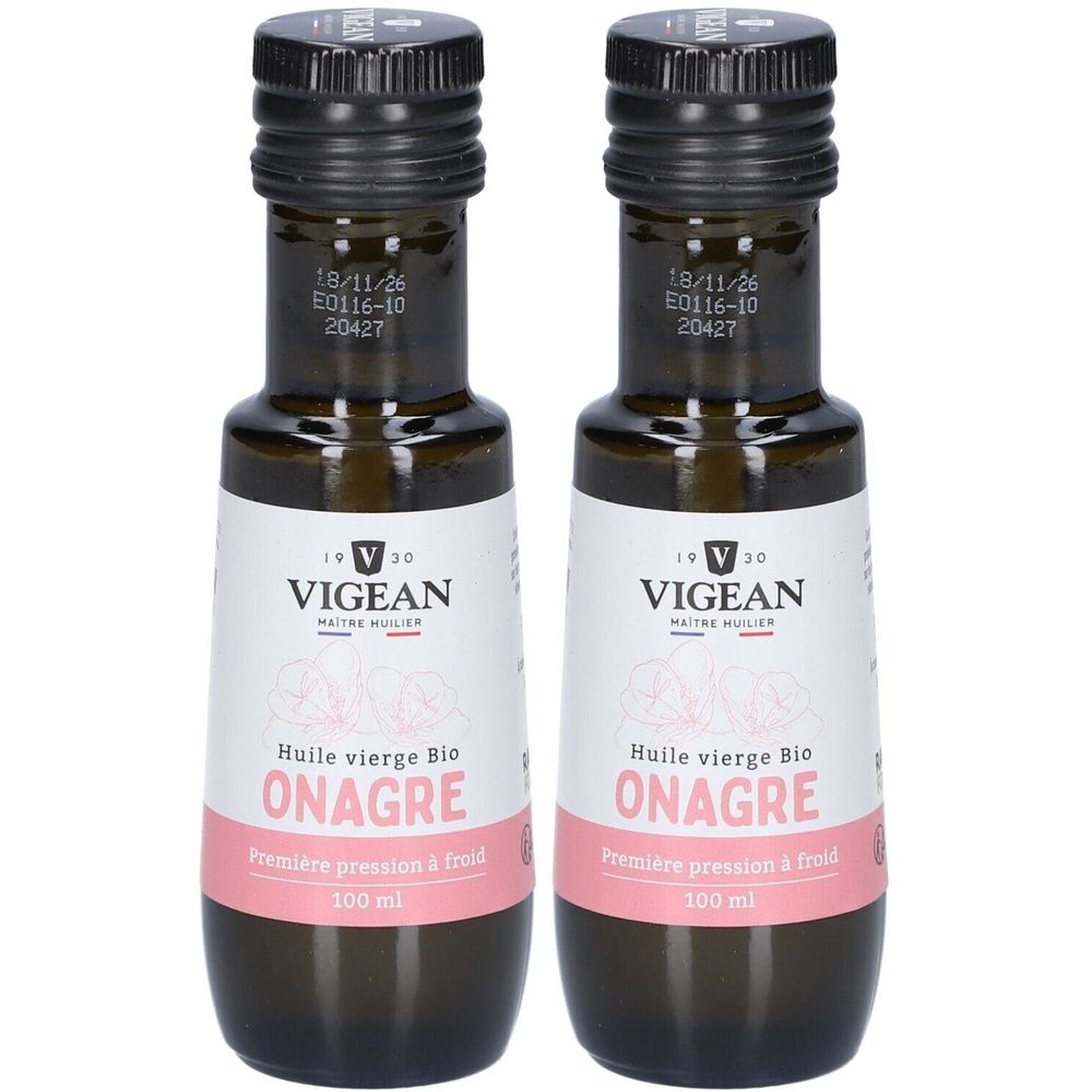 Deux flacons en verre avec bouchon noir. Étiquette avec texte: VIGEAN, Huile vierge Bio ONAGRE, Première pression à froid, 100 ml.