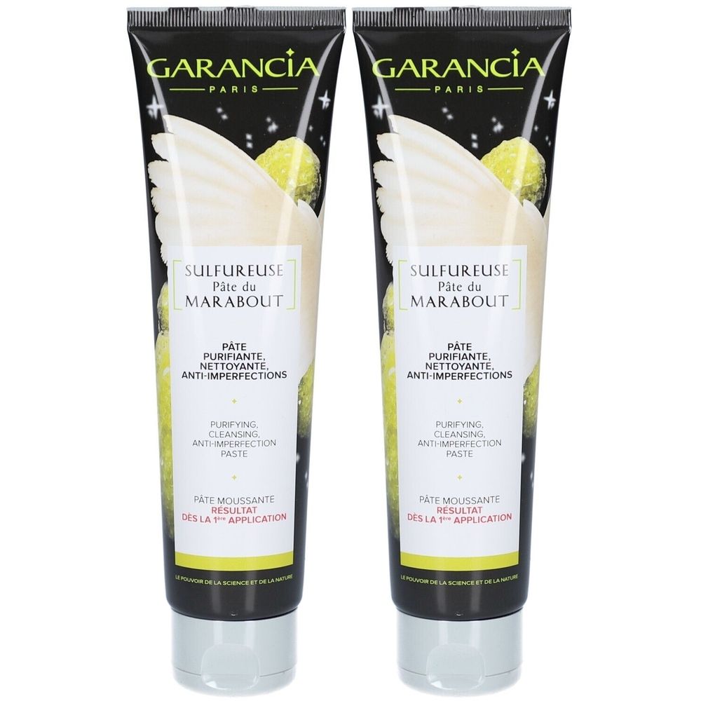 Zwei Tuben GARANCIA Schwefelpaste. Schwarzer Deckel, weißer Hintergrund mit Flügel-Design. Text: SULFUREUSE Pâte du MARABOUT.