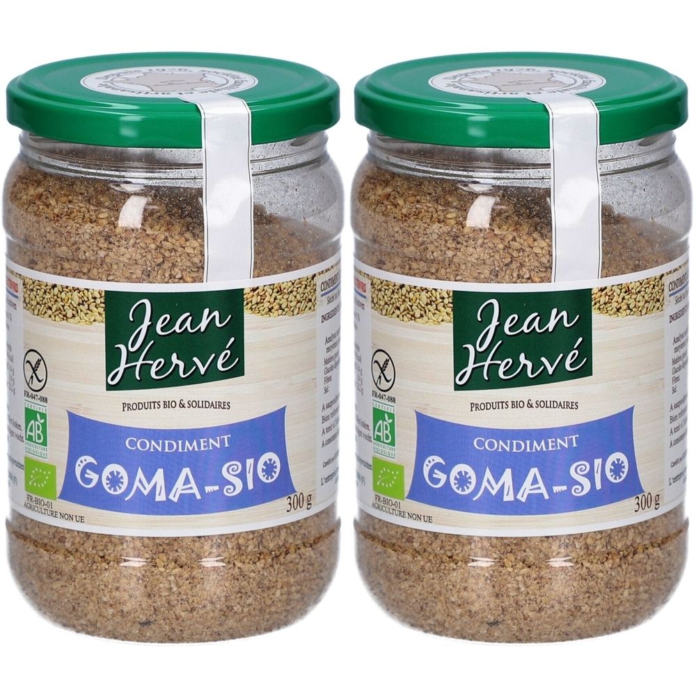 Zwei Gläser Gomasio. Grüner Deckel, weißes Etikett. Aufschrift: Jean Hervé, GOMA-SIO, 300g. Bio-Siegel.