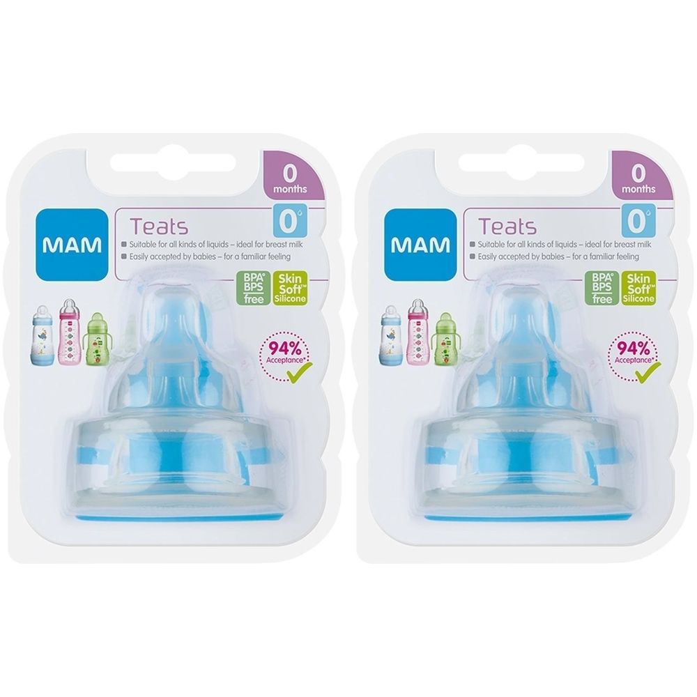 Zwei MAM-Sauger in Blisterverpackung. Blau-transparente Form, geeignet für 0 Monate. Mit BPA- und BPS-frei-Siegel.