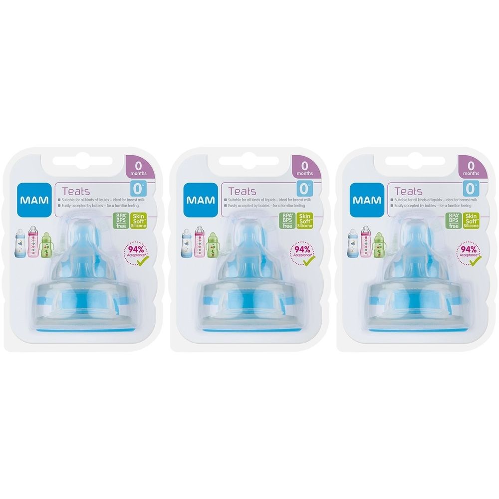 Drei Packungen MAM-Sauger. Jede Packung enthält einen blauen Sauger für 0 Monate. Auf jeder Packung steht MAM und Teats.