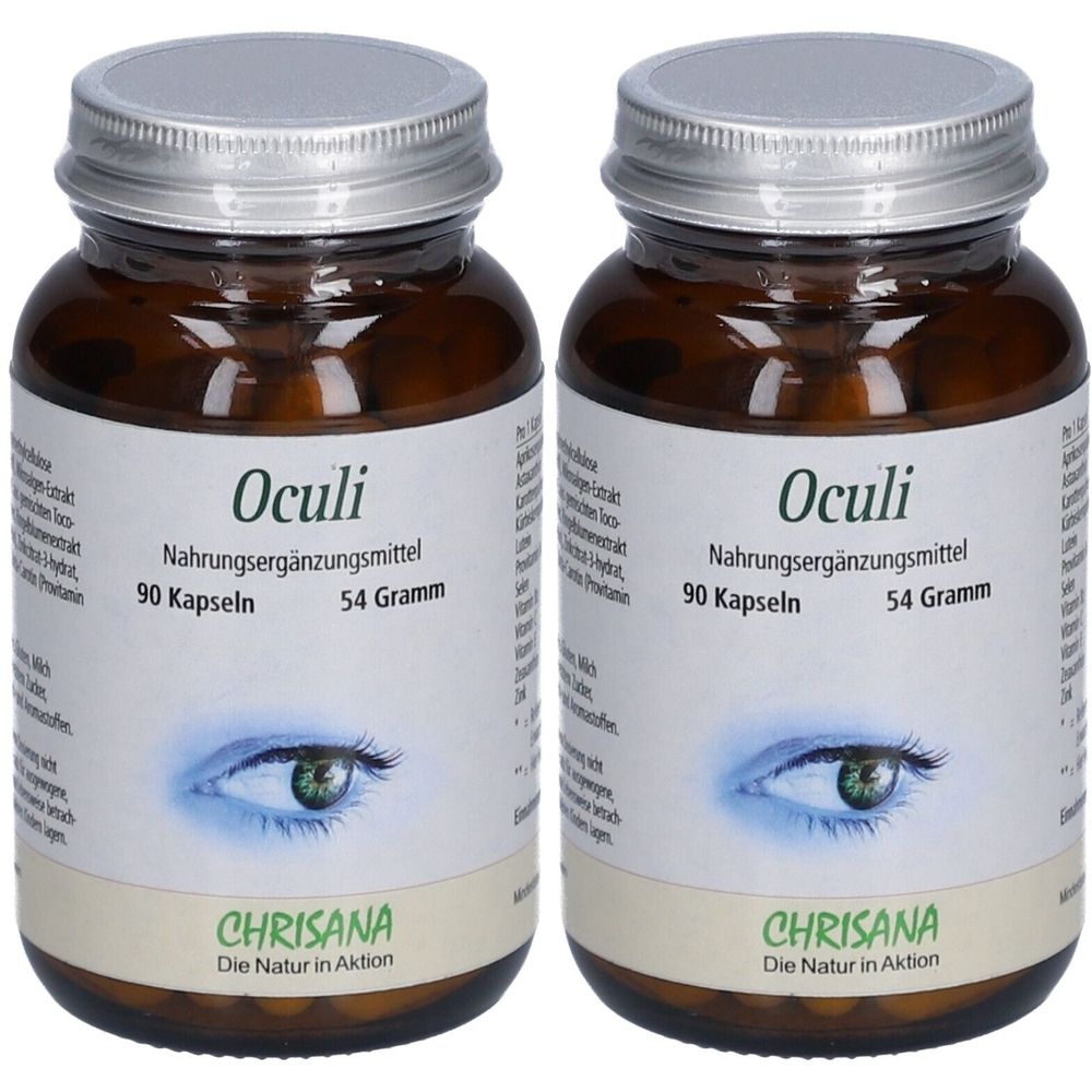 Deux flacons en verre brun avec des couvercles argentés. Les étiquettes indiquent "Oculi Nahrungsergänzungsmittel", 90 gélules, 54 grammes et "CHRISANA".