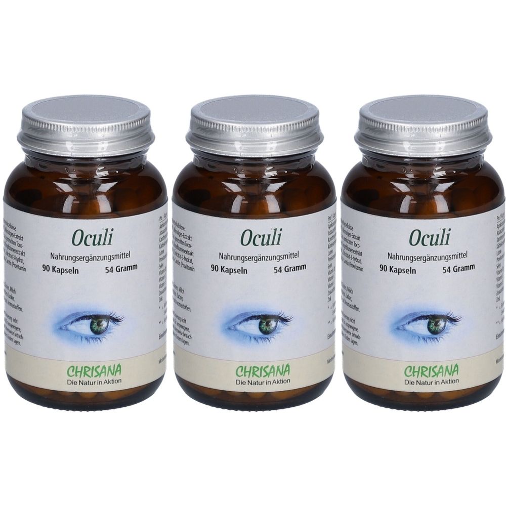 Trois flacons en verre brun avec des couvercles argentés. Les étiquettes indiquent "Oculi", "90 Kapseln", "54 Gramm" et "CHRISANA".