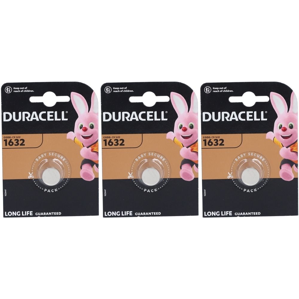 Trois cartes de piles DURACELL CR1632. Chaque carte présente une pile dans un emballage blister. Le texte "1632" est visible sur chaque carte.