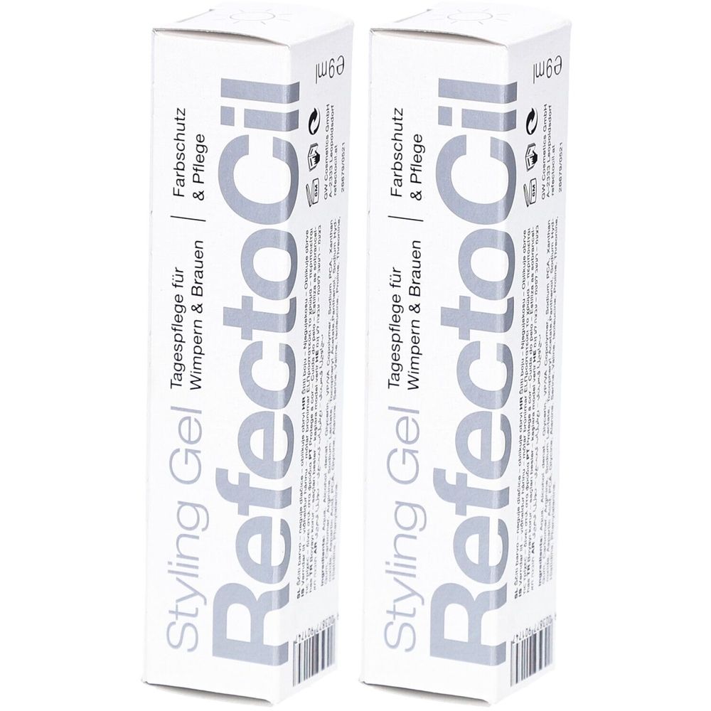 Deux boîtes blanches avec le nom du produit RefectoCil. Inscription : Styling Gel, soin quotidien pour cils et sourcils, protection de la couleur et soin.