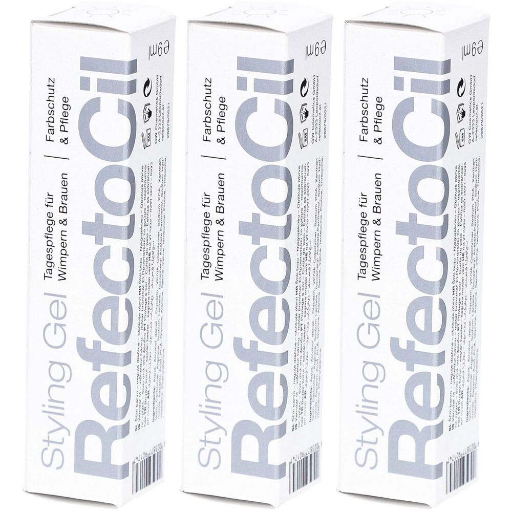 Trois boîtes blanches avec le nom du produit RefectoCil. Inscription : Styling Gel, protection de la couleur et soin pour cils et sourcils.