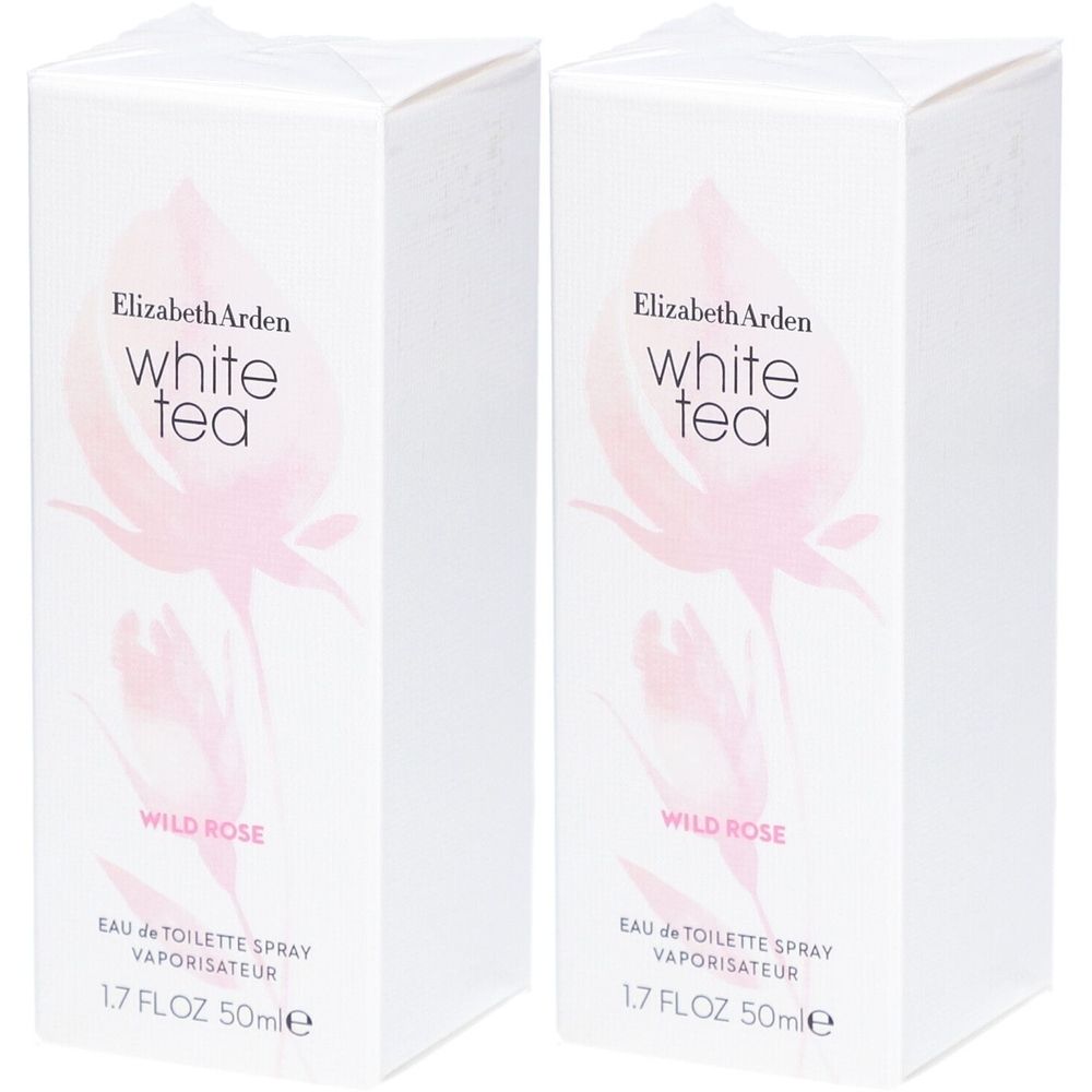 Zwei weiße Kartons mit Produktinformationen. Aufdruck: Elizabeth Arden White Tea Wild Rose Eau de Toilette Spray.
