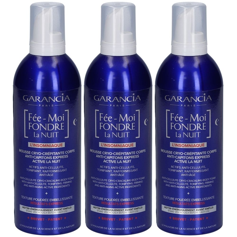 Drei blaue Flaschen mit weißem Sprühkopf. Aufschrift: GARANCIA, Fée-Moi Fondre La Nuit. Anti-Cellulite-Schaum.