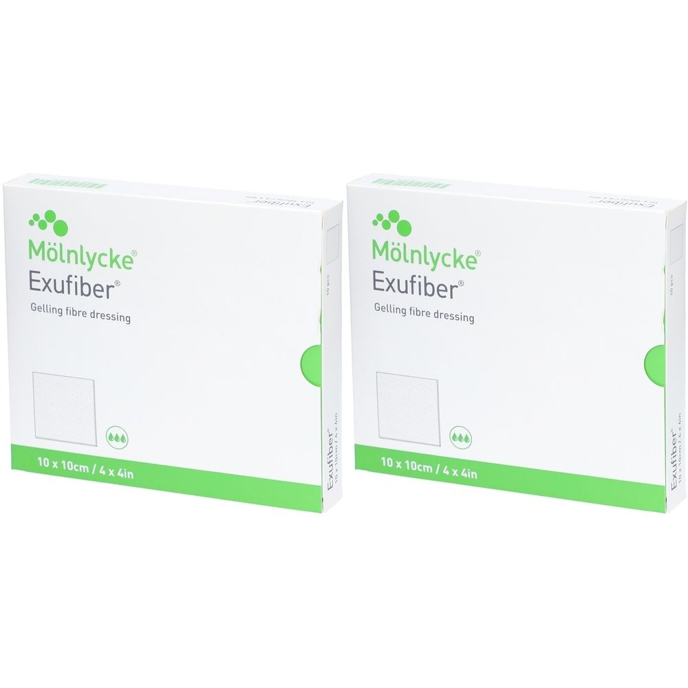 Zwei weiße Kartons mit grüner Schrift. Aufschrift: Mölnlycke Exufiber, Gelling fibre dressing, 10 x 10cm / 4 x 4in.
