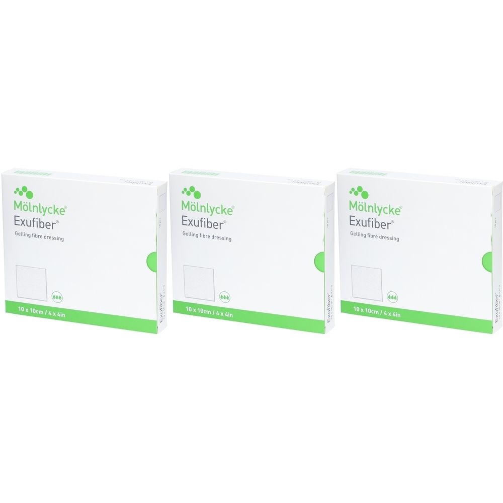 Drei weiße Kartons mit grünen Akzenten. Auf jedem steht "Mölnlycke Exufiber". Unten steht "10 x 10cm 10 Stk".