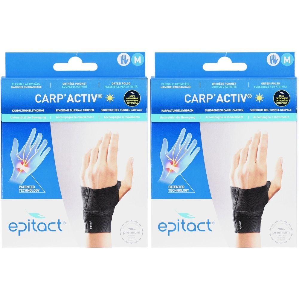 Deux emballages de bandage Epitact® Carp'Activ. Bandage noir avec modèle de main. Emballage bleu avec nom et logo du produit.