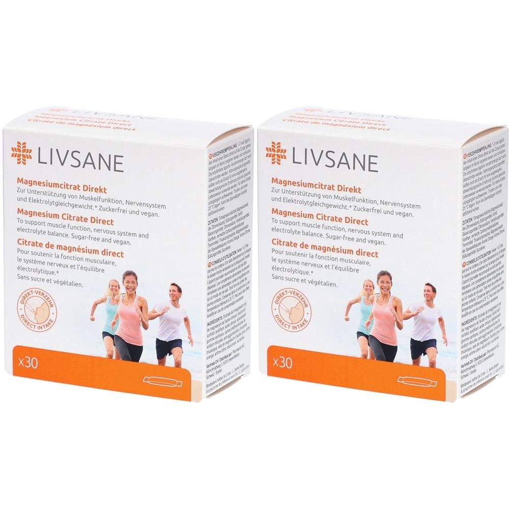 Deux boîtes blanches avec logo LIVSANE et nom du produit Magnesiumcitrat Direkt. Impression avec coureurs. x30.
