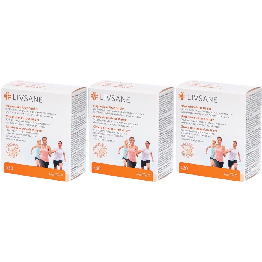 Trois boîtes rectangulaires. Inscription : LIVSANE, Magnesiumcitrate Direkt. Illustration de coureurs. En bas : x30.