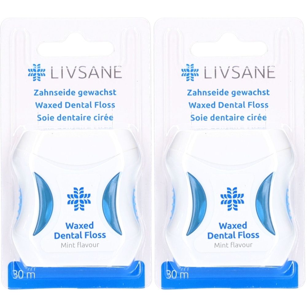 Deux paquets de fil dentaire. Boîtiers blancs avec accents bleus. Inscription: LIVSANE, Waxed Dental Floss, 30 m.