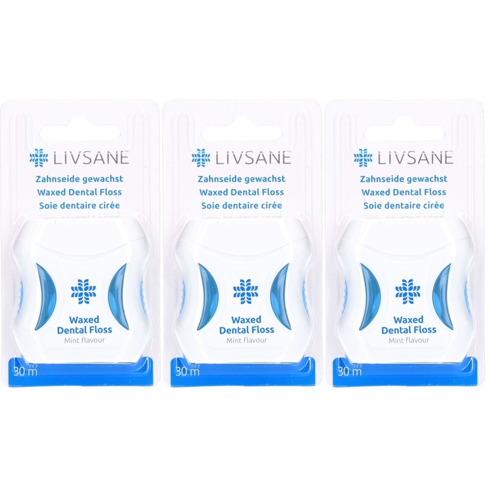 Trois paquets de fil dentaire LIVSANE. Récipients en plastique blanc avec des accents bleus. Texte : Waxed Dental Floss, 30 m.