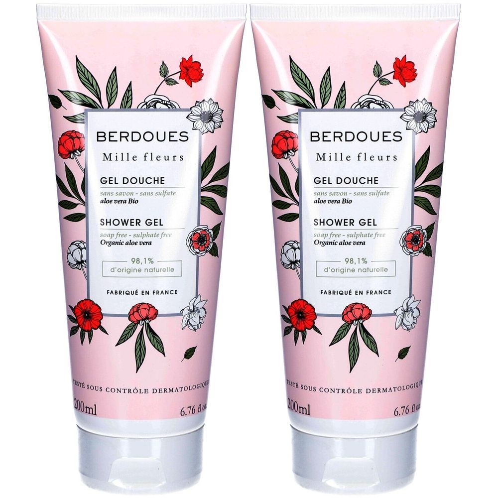 Deux tubes de gel douche roses. Motifs floraux. Texte: Berdoues, Mille Fleurs, Gel Douche, Shower Gel, 98,1% d'origine naturelle. Fabriqué en France.