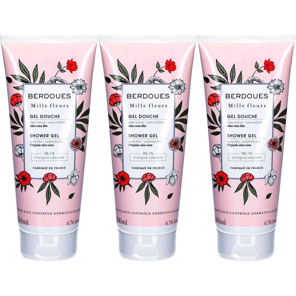 Trois tubes de gel douche avec motif floral. Fond rose, texte blanc. Inscription: Berdoues Mille fleurs, Gel Douche, Shower Gel.