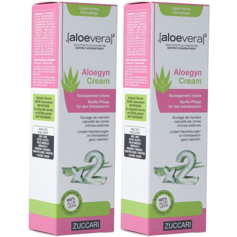 Zwei Kartons [aloevera]² Aloegyn Creme. Rosa, weiß und grüne Verpackung. Text: Aloegyn Cream, 100% Aloe Vera, ZUCCARI.