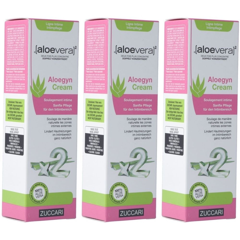 Drei Kartons mit dem Produkt [aloevera]² Aloegyn Creme. Rosa, weiß und grüne Verpackung. Text: Aloegyn Cream, Zuccari, 100% Aloe Vera.