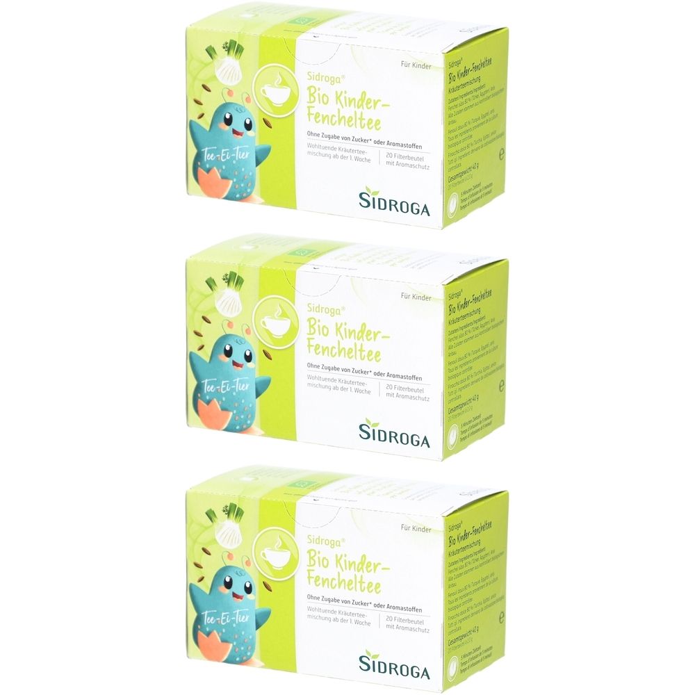 Drei Schachteln Sidroga Bio Kinder-Fencheltee. Aufdruck mit Produktinformationen und Illustration eines blauen Pinguins.