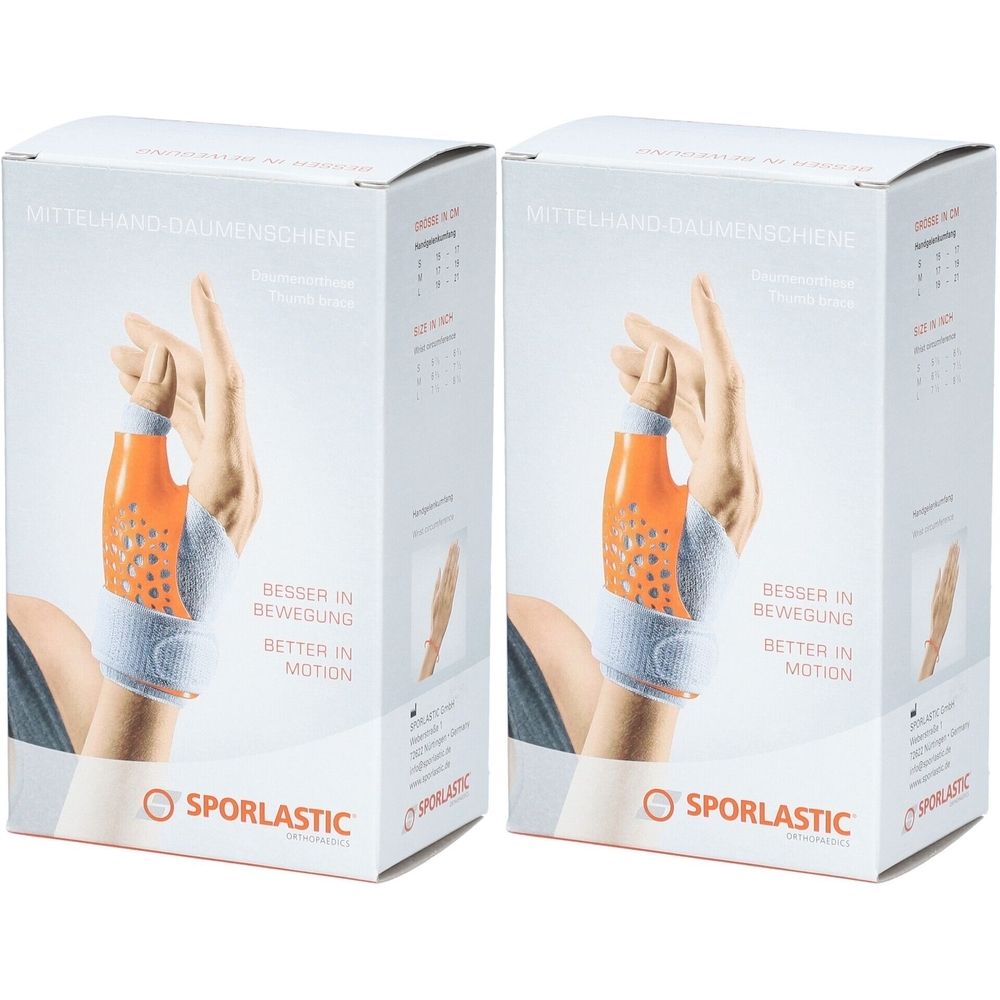 Deux boîtes de produit. Impression : SPORLASTIC, attelle pour le pouce. Une main avec une orthèse est montrée. Texte : Mieux en mouvement.