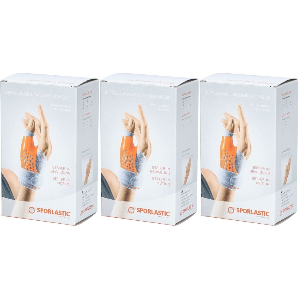 Trois boîtes de produit. Sur chaque boîte, une orthèse de la main est illustrée. Le texte SPORLASTIC est visible.
