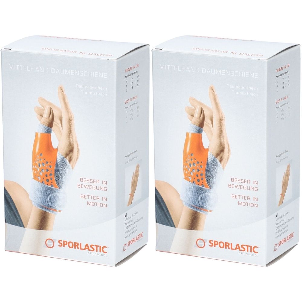 Zwei Produktverpackungen. Aufdruck: SPORLASTIC, Mittelhand-Daumenschiene. Abbildung: Hand mit Orthese. Text: Besser in Bewegung.