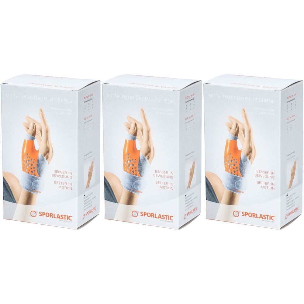 Drei Produktverpackungen. Auf jeder Schachtel ist eine Handorthese abgebildet. Der Schriftzug SPORLASTIC ist sichtbar.