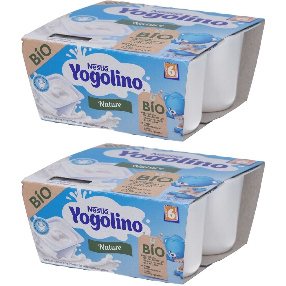 Deux emballages de Nestlé Yogolino Bio Nature. Chaque emballage contient six pots. Emballage bleu avec nom du produit et label Bio.