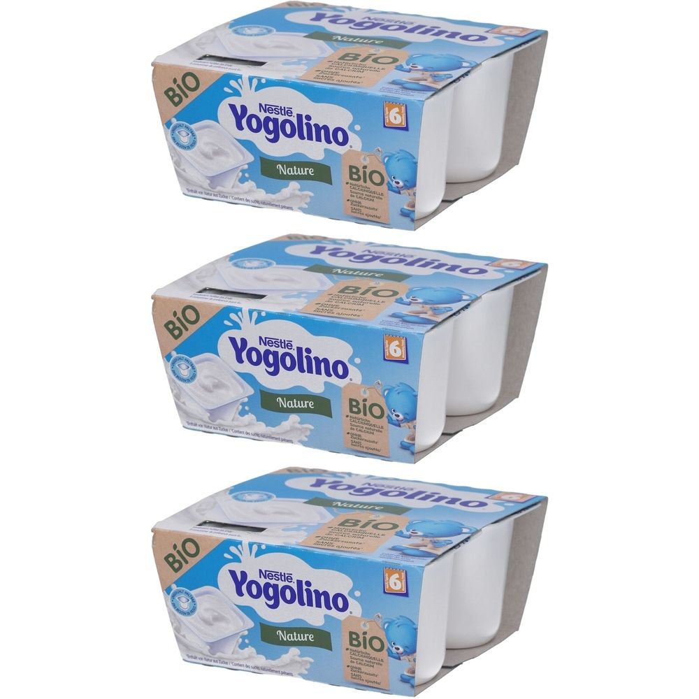 Trois emballages de Nestlé Yogolino Bio Nature. Chaque emballage contient six pots. Emballage bleu avec nom du produit et label bio.