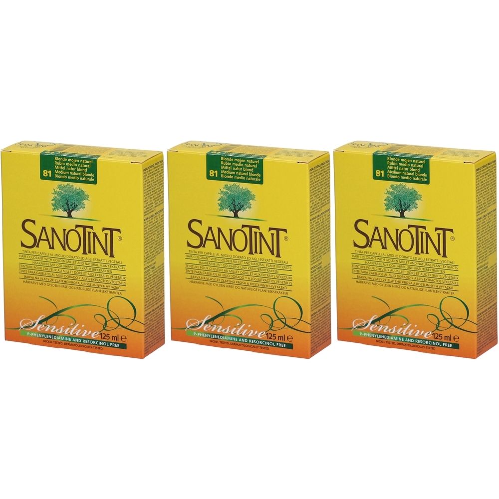 Trois boîtes jaunes avec logo SANOTINT et nom du produit. Inscription : Sensitive 81 Mittel Naturblond. 125 ml.