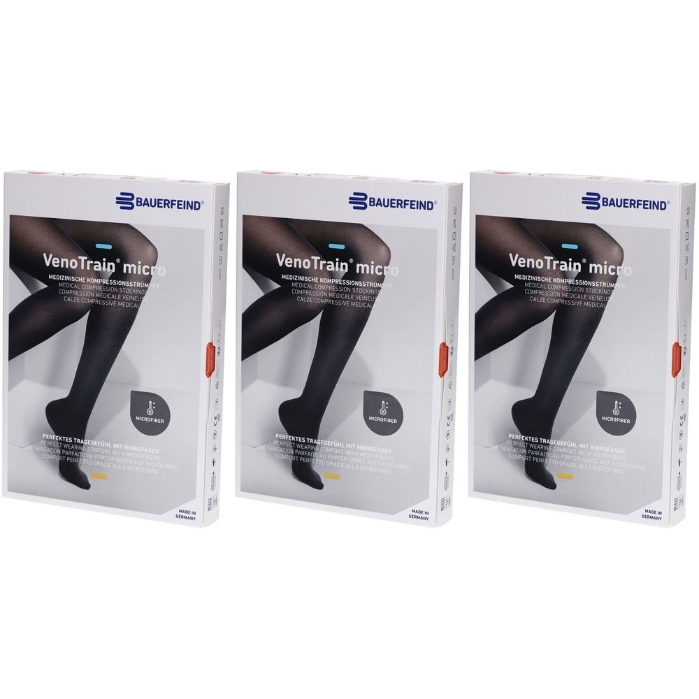 Trois boîtes de bas de compression. Marque BAUERFEIND, modèle VenoTrain micro. Bas noirs représentés sur l'emballage.