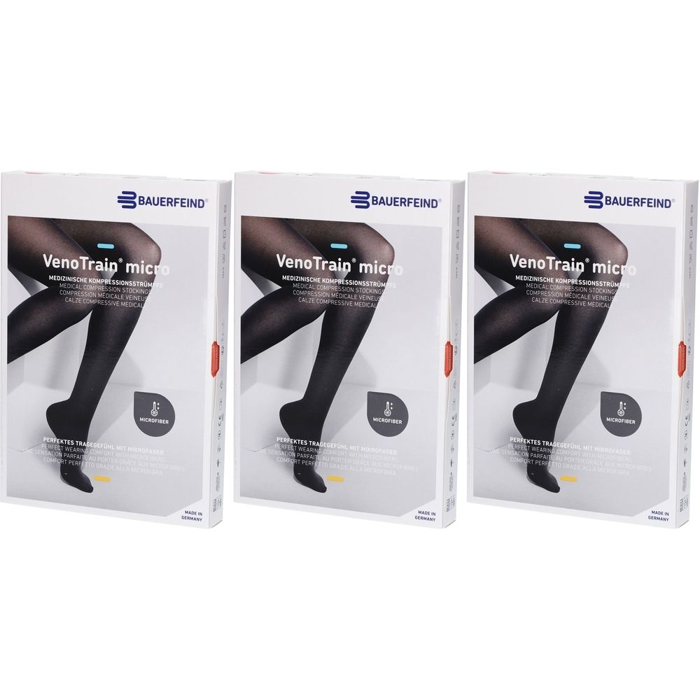 Trois boîtes de bas de compression. Chaque boîte montre une jambe en collant noir. Marque : BAUERFEIND, modèle : VenoTrain micro.