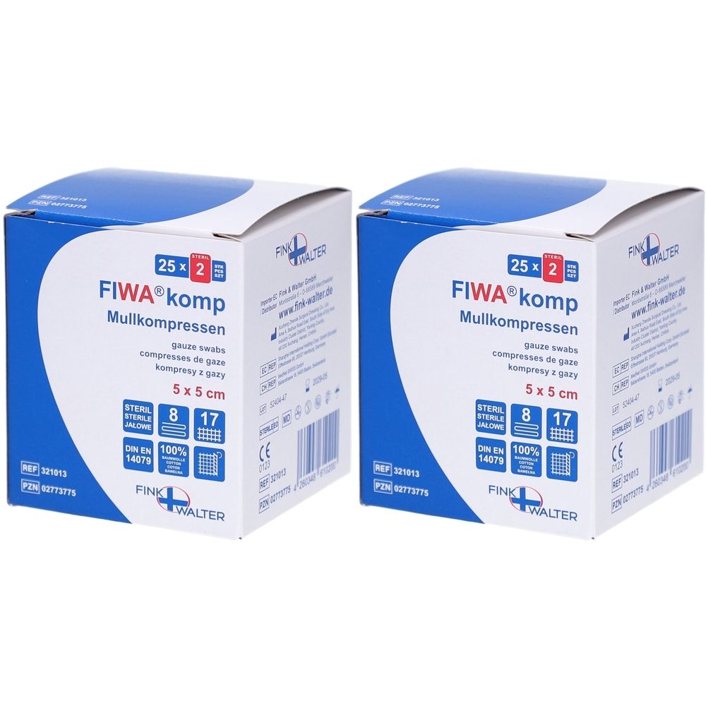 Zwei quadratische Kartons mit FIWA® komp Mullkompressen. Aufdrucke: 5x5 cm, 25x2 Stück, sterile Gazekompressen. Blaue und weiße Verpackung.