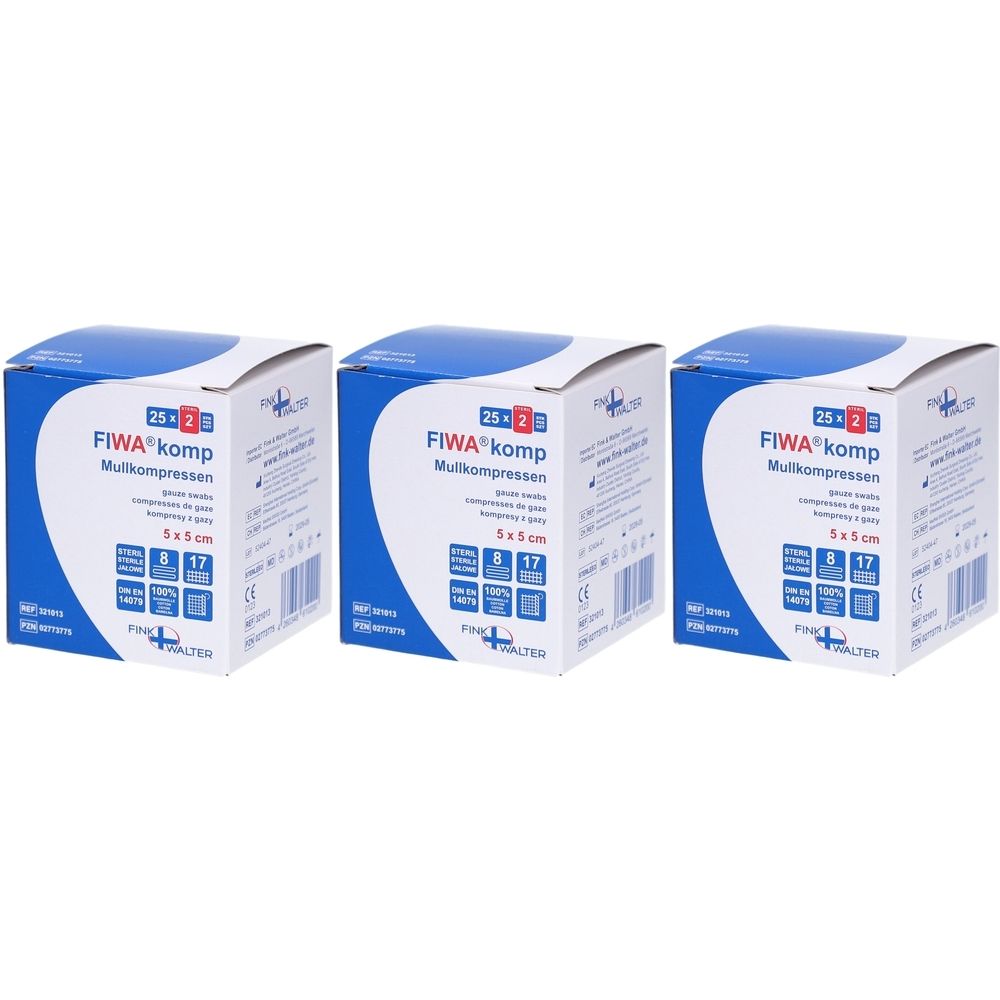 Drei Kartons FIWA komp Mullkompressen 5x5 cm. Blaue und weiße Verpackung mit Produktinformationen und Logos.