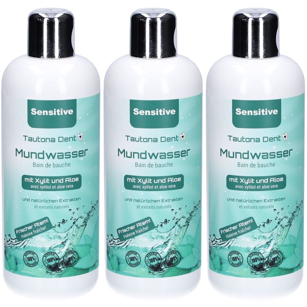 Drei Flaschen Mundspülung. Weiße Flaschen mit silbernen Deckeln. Aufschrift: Sensitive, Tautona Dent, Mundwasser, mit Xylit und Aloe.
