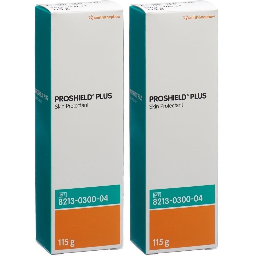 Zwei rechteckige Schachteln PROSHIELD PLUS Skin Protectant. Weiß mit grünen und orangefarbenen Akzenten. Smith & Nephew Logo. 115 g.