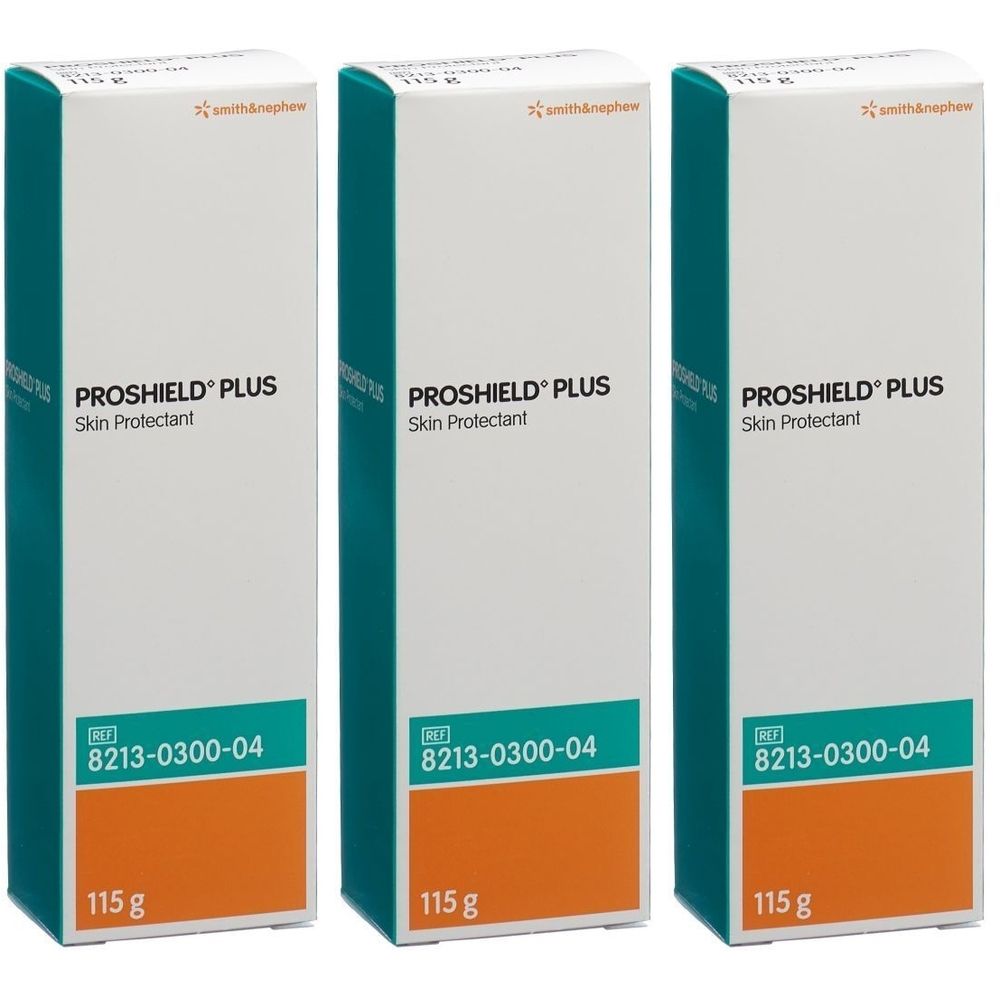 Drei Schachteln PROSHIELD® PLUS Hautschutzmittel. Weiße Schachteln mit blaugrünen und orangefarbenen Akzenten. Aufschrift: PROSHIELD® PLUS, 115 g.