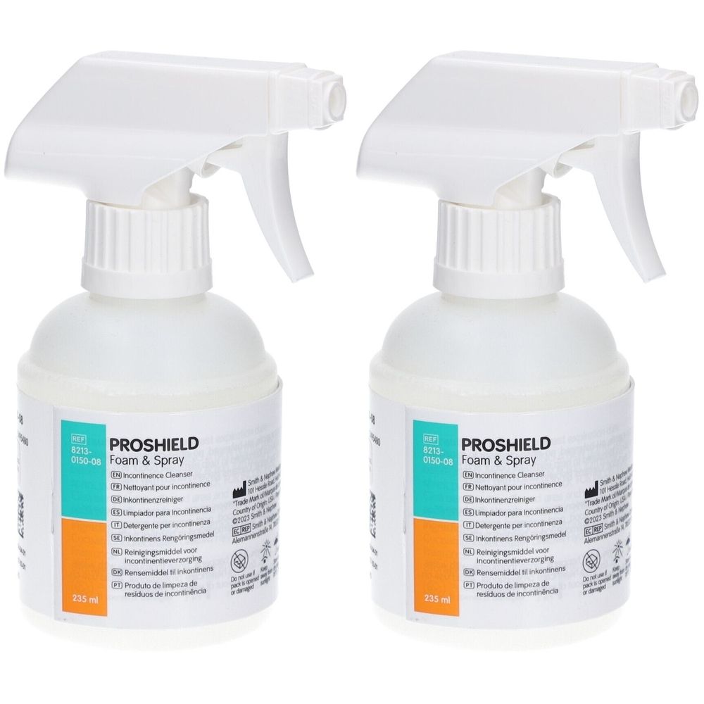 Deux flacons pulvérisateurs blancs avec pompe. Inscription PROSHIELD Foam & Spray. Étiquette avec informations produit.