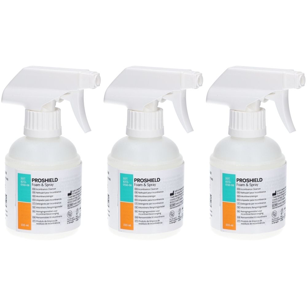 Trois flacons pulvérisateurs blancs avec tête de pulvérisation. Inscription PROSHIELD Foam & Spray. Étiquette avec texte et bandes colorées.