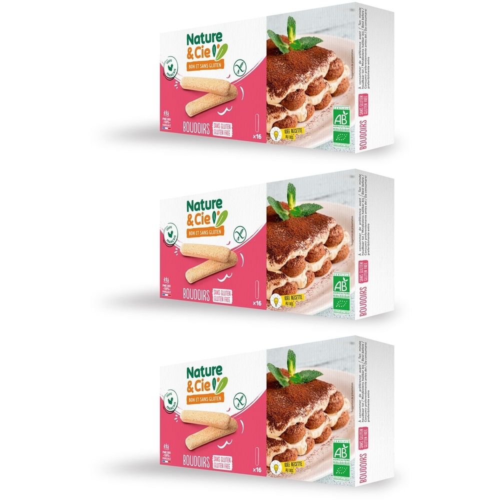 Trois boîtes de boudoirs sans gluten. Inscription : Nature & Cie, Boudoirs, label AB. Illustration d'un tiramisu.