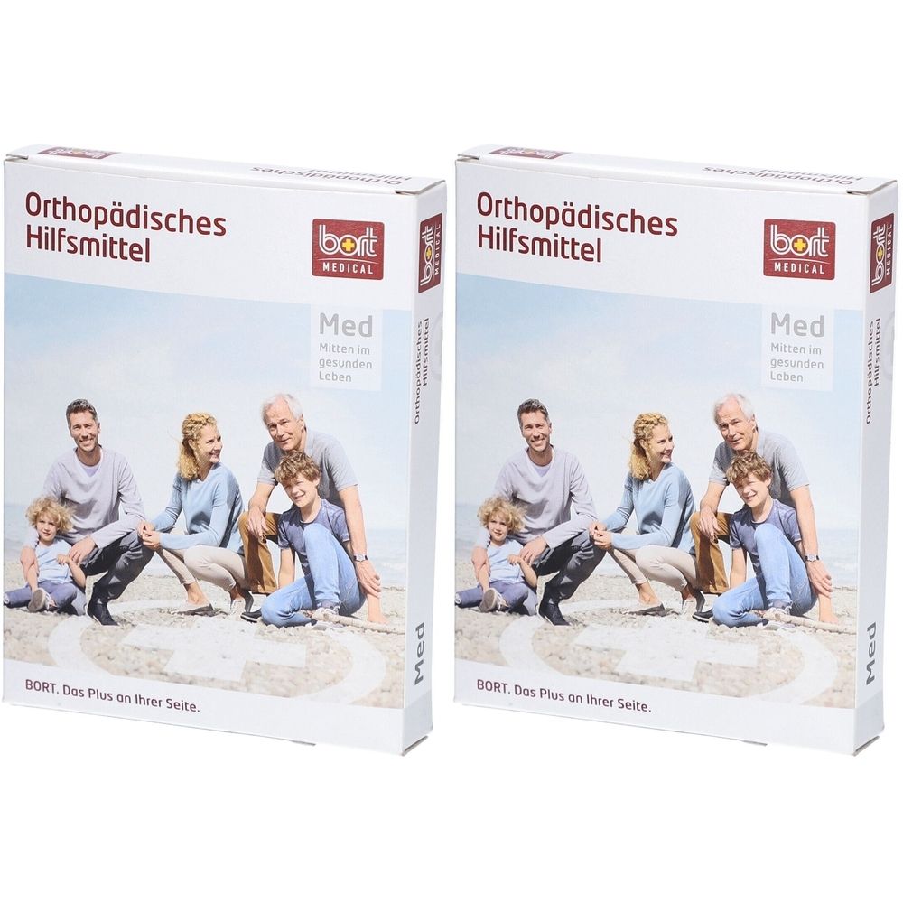 Deux boîtes rectangulaires. Inscription : Orthopädisches Hilfsmittel, bort medical, Med. Photo de famille. BORT. Das Plus an Ihrer Seite.