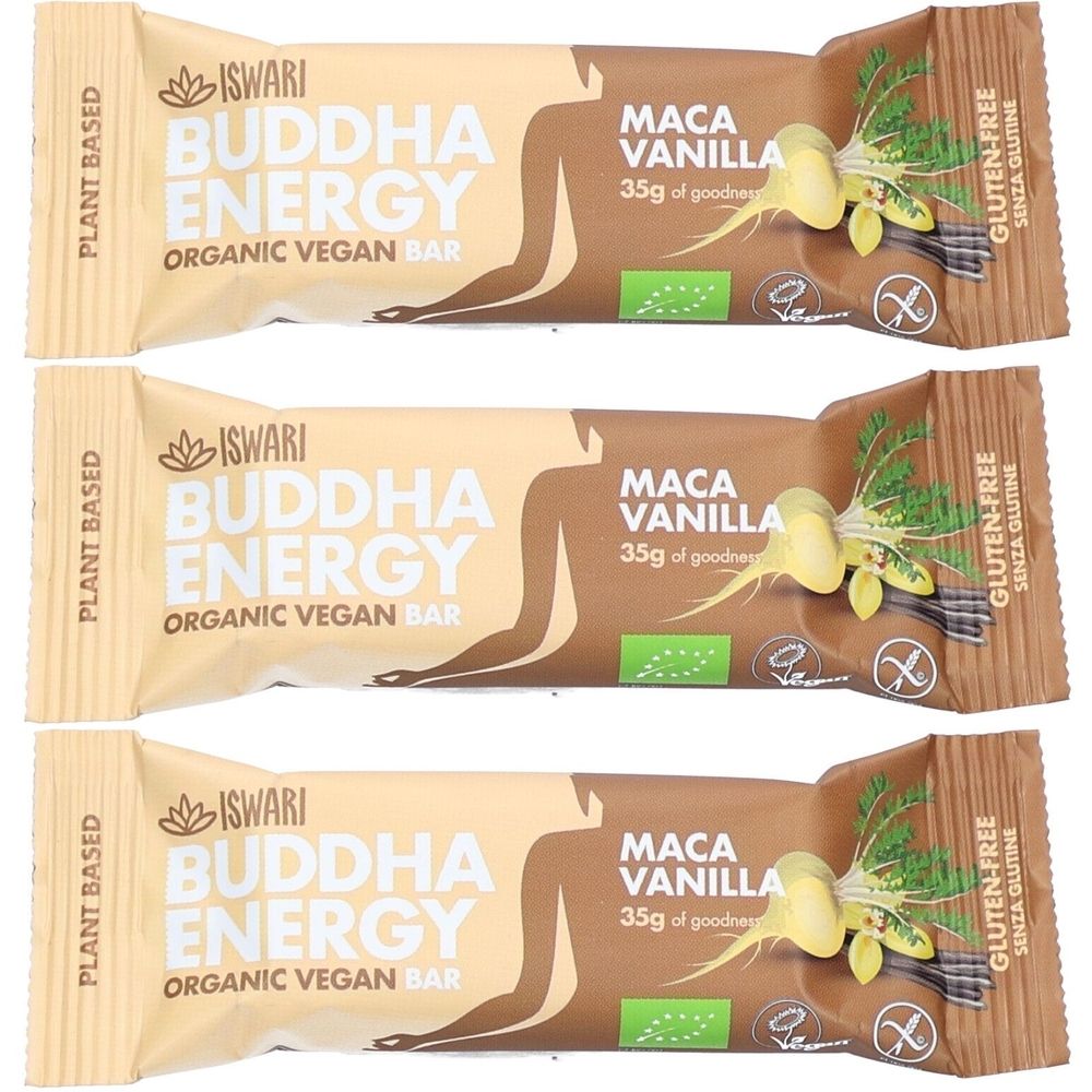 Trois barres ISWARI Buddha Energy. Inscription : Maca Vanilla, 35g, sans gluten, végétalien. Emballage marron et vert avec illustration de Maca.