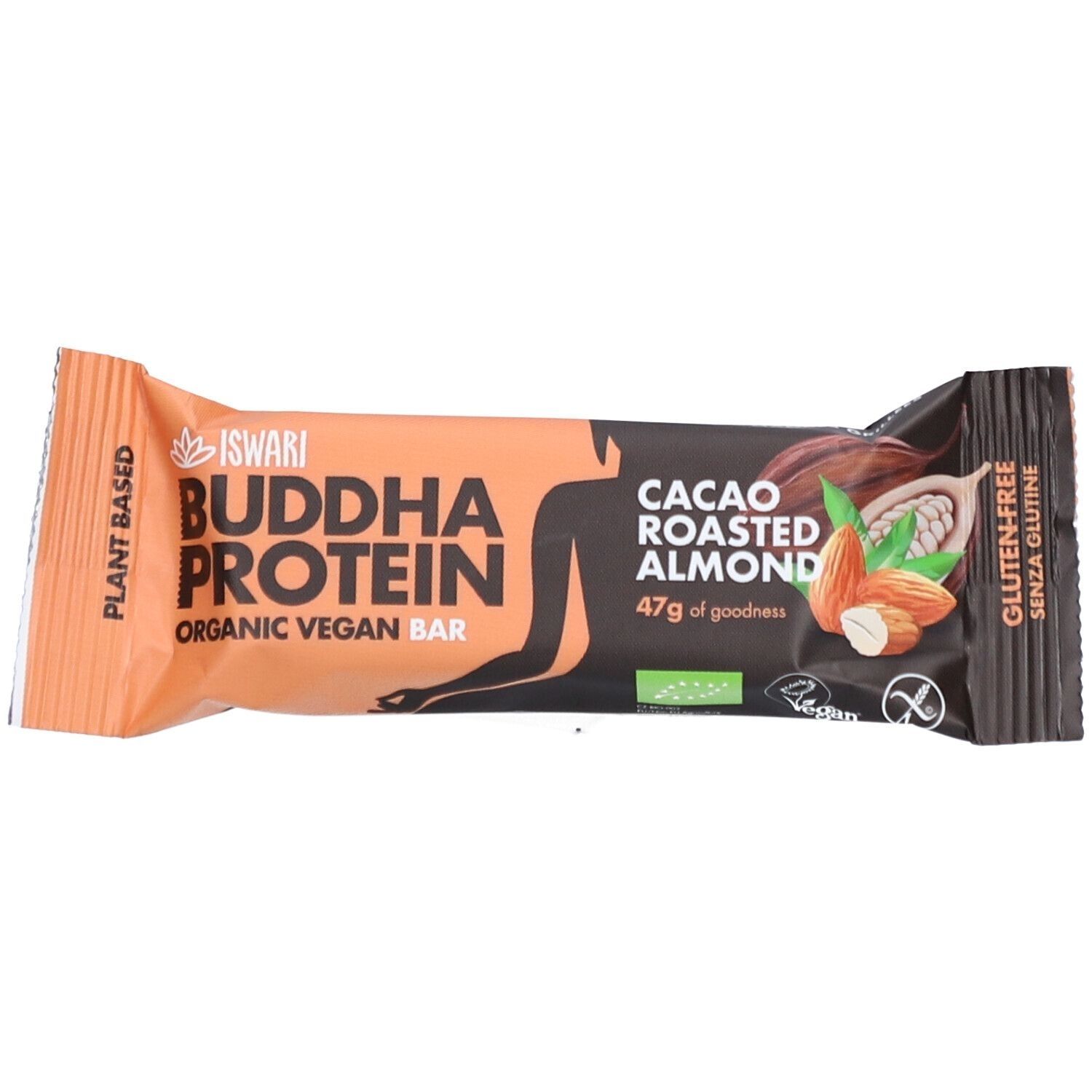 Barre protéinée cacao et amandes grillées. Emballage avec nom et logo du produit. Sans gluten.