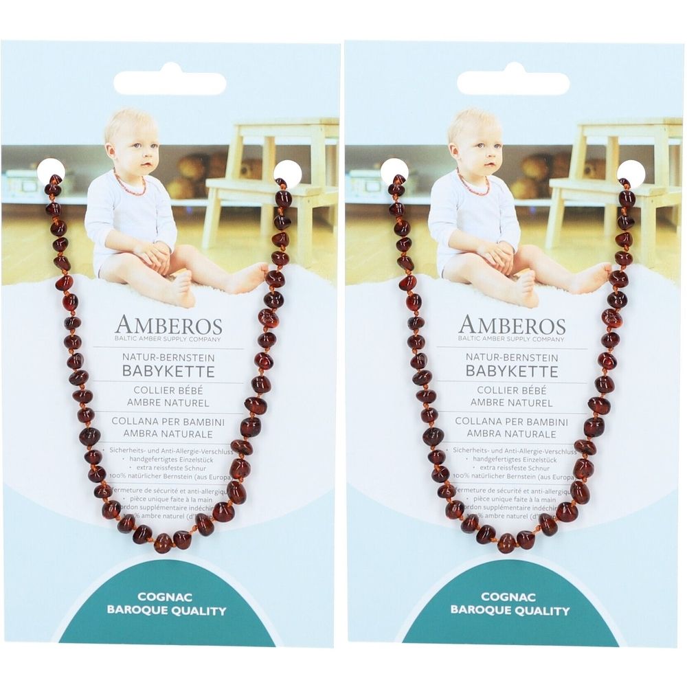 Collier bébé en ambre cognac baroque. Emballage avec photo de bébé et nom du produit. Logo AMBEROS.